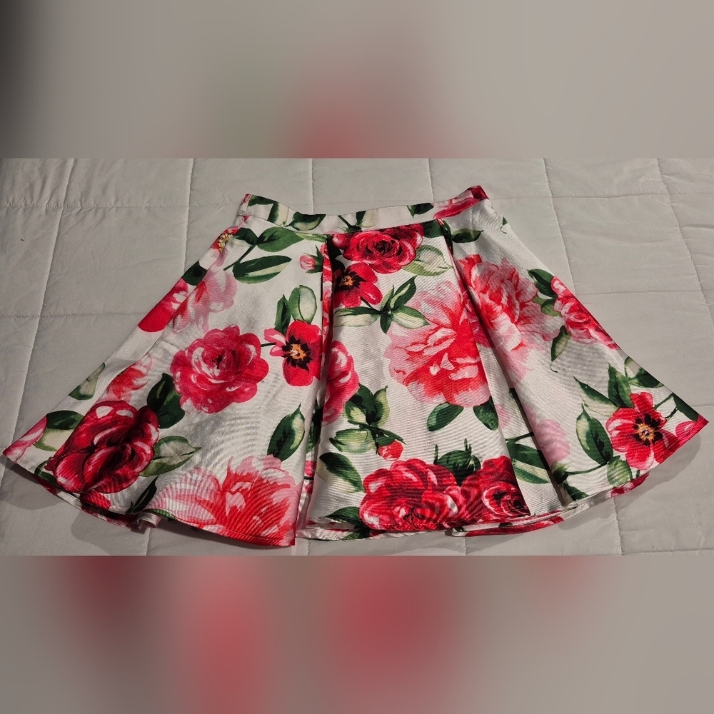 B Darlin Red and Green Floral Skater Skirt